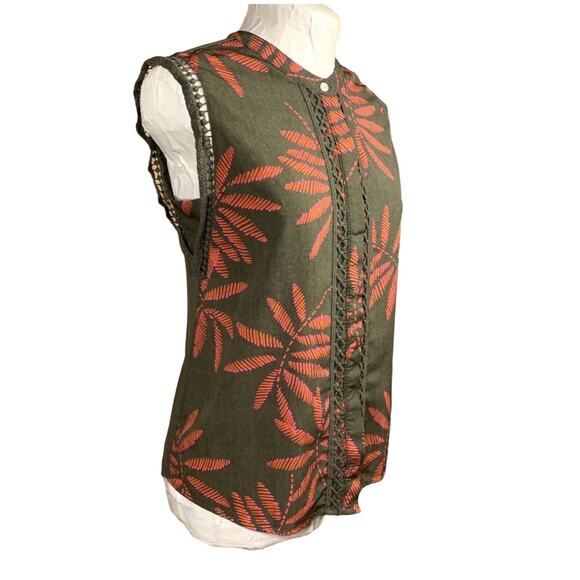 Tropical Palm Leaf Sleeveless Button Top Womens XS Green Coral Resortcore Boho - Picture 4 of 12